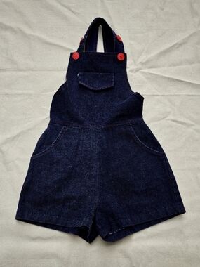 Vintage 70s Mayer Lang Marquis Toddl Denim Romper Overalls Shorts Dark Wash 5/6